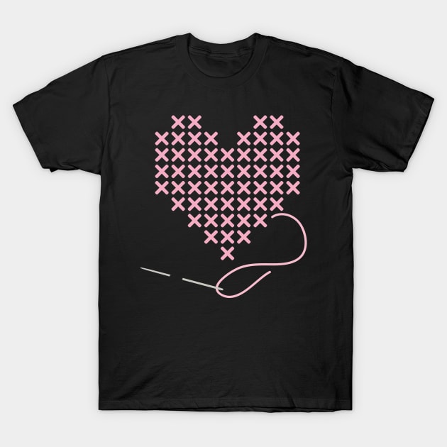 I love Cross Stitch Heart and Needle in Pastel Pink T-Shirt by YourGoods